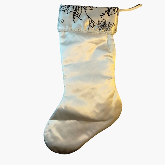 Elegant White Satin Christmas Stocking Silver Poinsettia Floral Design - Picture 3 of 4